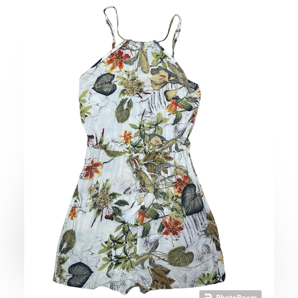 Pakula Floral Hawaiian Shite Spaghetti Strap Boho Romper Size Small
